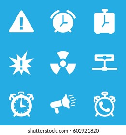 alert icons set. Set of 9 alert filled icons such as alarm, radiation, megaphone, exclamation, warning