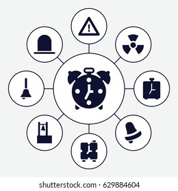 Alert icons set. set of 9 alert filled icons such as siren, bell, warning, bell, alarm