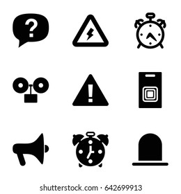 Alert icons set. set of 9 alert filled icons such as alarm, siren, door bell, voltage warning, megaphone, exclamation