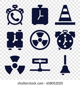 Alert icons set. set of 9 alert filled icons such as alarm, cone, bell, radiation