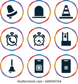 Alert icons set. set of 9 alert filled icons such as alarm, siren, bell, cone, door ringer, bell
