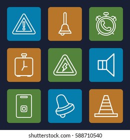 alert icons set. Set of 9 alert outline icons such as alarm, Bell, cone, warning, megaphone, door ringer, bell