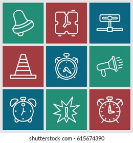 Alert icons set. set of 9 alert outline icons such as alarm, Bell, cone, exclamation, camera