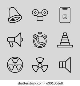 Alert icons set. set of 9 alert outline icons such as alarm, cone, megaphone, door ringer, bell