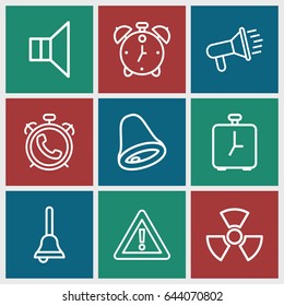 Alert icons set. set of 9 alert outline icons such as alarm, warning, megaphone, bell