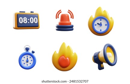 Alert icons set. Includes 3D illustrations of a clock, stopwatch, loudspeaker and fire. Each alert icon has a cartoon style perfect for marketing materials with a clean background.