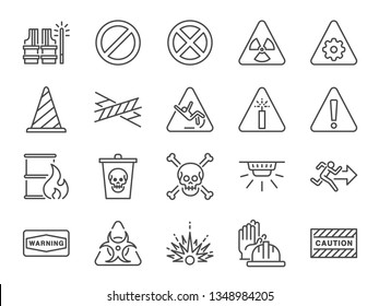 Conjunto de iconos de línea de alerta. Iconos incluidos como advertencia, precaución, peligro, alarma, aviso y más.