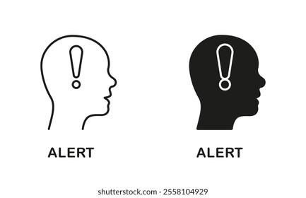 Alert Line and Silhouette Icon Set. Human Head with Exclamation Mark. Warning Sign Pictogram. Danger Hazard Message, Person Attention Symbol. Editable Stroke. Isolated Vector Illustration.