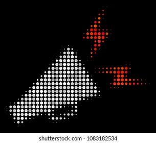 Alert megaphone halftone vector icon. Illustration style is dotted iconic alert megaphone symbol on a black background. Halftone texture is made from round elements.