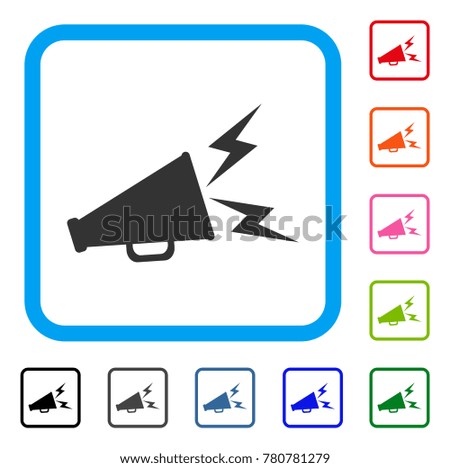 Alert Megaphone icon. Flat grey iconic symbol in a blue rounded frame. Black, gray, green, blue, red, orange color variants of Alert Megaphone vector. Designed for web and application interfaces.