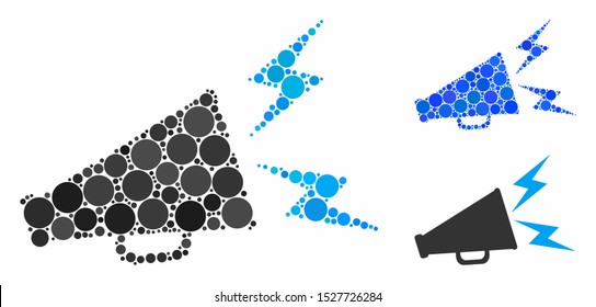 Alert megaphone mosaic of circle elements in variable sizes and color tints, based on alert megaphone icon. Vector circle elements are organized into blue collage.