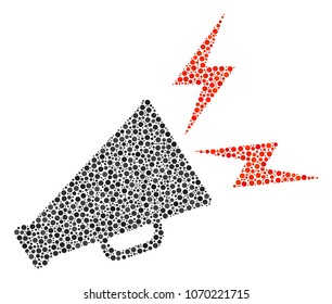 Alert Megaphone mosaic of dots in variable sizes and color tinges. Circle dots are united into alert megaphone vector composition. Dotted vector design concept.