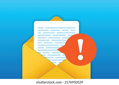 Icono de sobre de mensajes de alerta en estilo plano. Ilustración vectorial de virus de correo electrónico en fondo aislado. Concepto de negocio de signos de exclamación por correo.