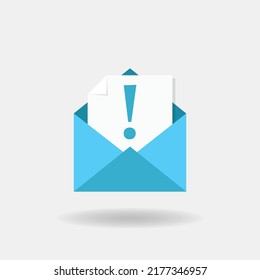 Alert message envelope icon in flat style. Email virus vector illustration on isolated background. Mail exclamation sign business concept.
