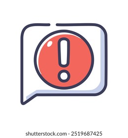 Icono de mensaje de alerta. Círculo rojo con signo de exclamación en una burbuja de voz, que indica precaución, advertencia o notificación.