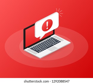 Alert message laptop notification. Danger error alerts, laptop virus problem or insecure messaging spam problems notifications. Vector stock illustration.