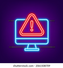 Alert message laptop notification. Neon icon. Danger error alerts, laptop virus problem or insecure messaging spam problems notifications. Vector illustration