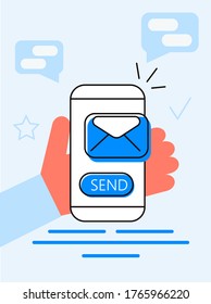 Alert message mobile notification concept. Hand is holding smartphone with email notification on screen. Send message, e-mail icon reminder vector illustration.