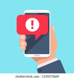 Alert Message Mobile Notification. Danger Error Alerts, Smartphone Virus Problem Or Insecure Messaging Spam Problems Notifications On Phone Screen, Spammer Alertness Flat Vector Illustration