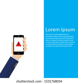 Alert message mobile notification. Danger error alerts, smartphone virus problem or insecure messaging spam problems notifications on phone screen, spammer alertness flat vector illustration.