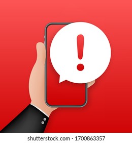 Alert message mobile notification. Danger error alerts, smartphone virus problem or insecure messaging spam problems notifications. Vector stock illustration.