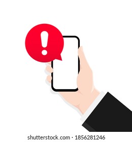 Alert message mobile notification. Danger error alerts, smartphone virus problem or insecure messaging spam problems notifications. Vector, illustration. Spammer alertness flat