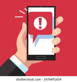 Alert message mobile notification. Hand holding smartphone with exclamation sign, virus notification on phone screen vector red error or spam messaging device prevention concept