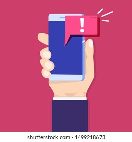 Alert message mobile notification. Hand holding smartphone with speech bubble. Vector illustration.