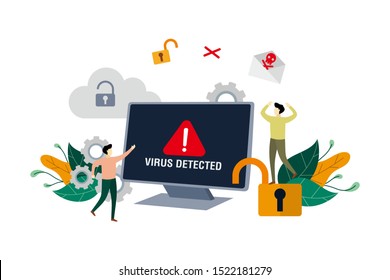 Alert message of virus detected, identifying computer virus, hacking security with small people concept vector flat illustration, suitable for background, landing page, ui, ux