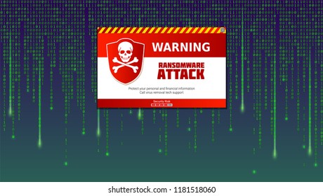 Alert message of virus detected. Ransomware attack, identifying computer virus inside binary code of matrix. Template for concept of security, programming and hacking, decryption and encryption.