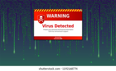 Alert message of virus detected. Scanning and identifying computer virus inside binary code listing of matrix. Template for concept of security, programming and hacking, decryption and encryption.
