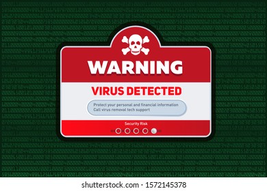 Alert message of virus detected. Scanning and identifying computer virus inside binary code listing of matrix. Template for concept of security, programming and hacking, decryption and encryption