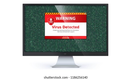 Alert message of virus detected. Warning message on computer screen isolated on white background. Computer virus inside binary code listing. Code with computer virus. Template for concept of security.