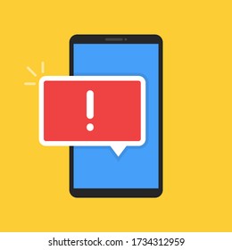 Alert, mobile phone notification, warning, important message concepts. Smartphone with speech bubble and exclamation point on screen. Vector illustration.