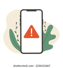 Alert, mobile phone notification, warning, virus, error, important message concepts. Smartphone with exclamation point on screen. Modern flat design. Vector illustration