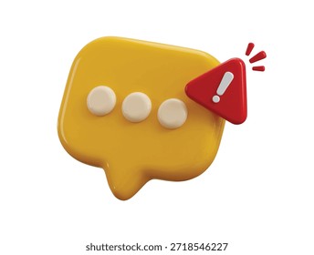 Icono de mensaje de chat de aviso de alerta Concepto de renderizado 3D del símbolo de burbujas de discurso en las redes sociales con aviso de alerta Comentario o signo de respuesta del usuario Problema falso correcto Fallar Ilustración vectorial de icono de mensaje de chat