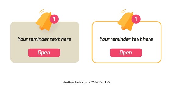 Alert notice ui ux reminder notification element vector graphic illustration set, new push message interface note window with bell and open button, web or mobile app date time event attention image 