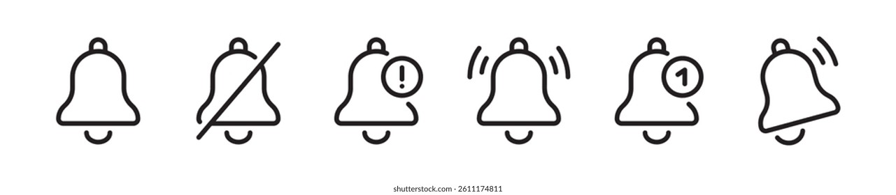 Alert notification bell, alarm flat outline icons set vector illustration. Isolated on white background. Editable stroke, pixel perfect 48 x 48