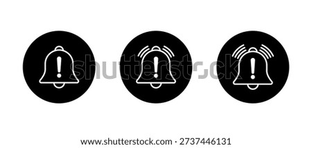 Alert notification bell outline icon in black circle. Warning reminder symbol. Attention notice sign