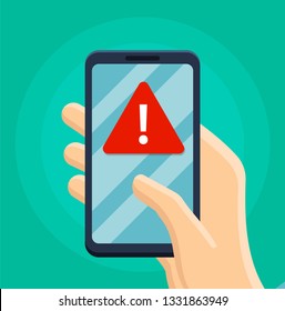 Alert notification with exclamation sign on mobile phone. Important reminder isolated. Viruses or spam problems alerting.  Telephone service. Vector flat design 