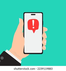 Alert notification with exclamation signs on mobile phone. Important reminder isolated. Viruses or spam problems alerting. Telephone service. Vector flat design.