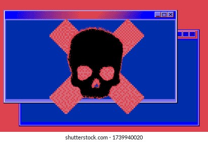 Alert notification on computer in retro pixel art style. Malware caution concept, fraud internet error, insecure risk dangerous connection, online scam, virus ransomware note.