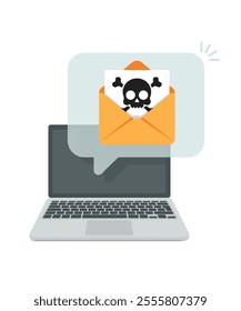 Alert notification on laptop computer, malware concept, a virus, spam, malicious application or hacking a laptop. Envelope malware message stock illustration