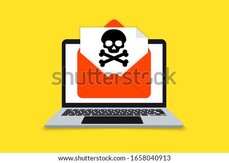 Alert notification on laptop computer, malware concept, a virus, spam, malicious application or hacking a laptop. Malware notification. Warning virus alert alarm on screen. Envelope malware message