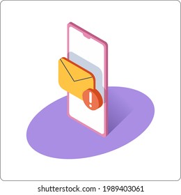 Alert notification. Phone mockup and Important mail message. 3d isometric vector illustration.