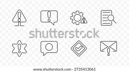 Alert notification set icon. Icons show exclamation marks in triangle, chat bubble, gear, document, badge, and envelope for system warning, validation, and status messaging.