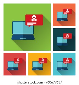 Alert notification with skull, bones, bubble speech red alert on laptop computer vector, malware concept, spam data, fraud internet error, insecure connection, online scam, virus.