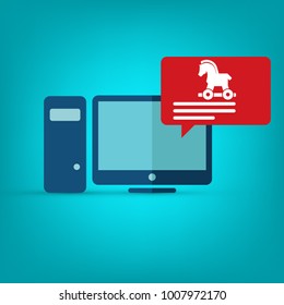 Alert notification with trojan horse icon, bubble speech red alert on desktop computer vector, malware concept, spam data, fraud internet error, insecure connection, online scam, virus.