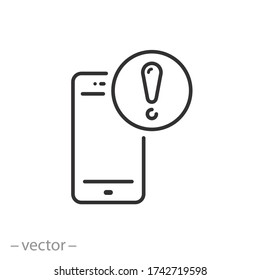 alert in the phone about scam icon, error warning, exclamation sign on the mobile screen, thin line web symbol on white background - editable stroke vector illustration eps10