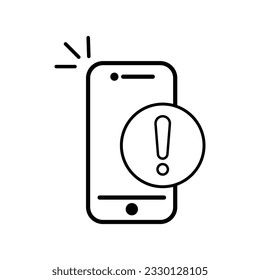 alert in the phone about scam icon, error warning, exclamation sign on the mobile screen, thin line web symbol on white background